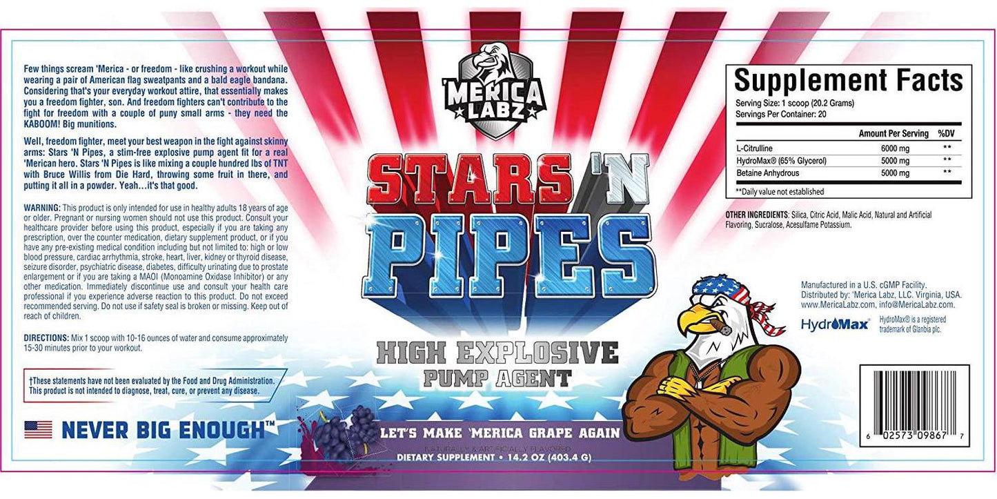 'Merica Labz Stars N Pipes High Explosive Pump Agent 20 Servings (Make America Grape Again) - Nutricity.com.au