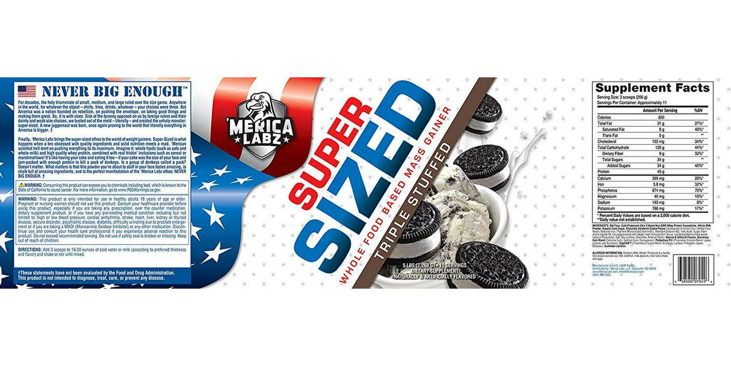'Merica Labz Super Sized Whole Food Based Mass Gainer with 46g of Protein, Includes Digestive Enyzmes for Easy Digestion, 5 lbs (Triple Stuffed) - Nutricity.com.au
