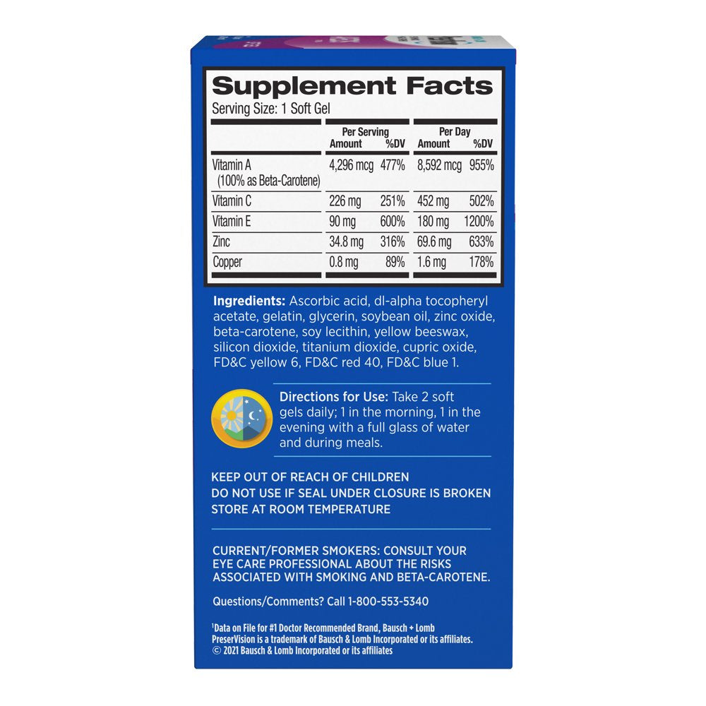 Bausch + Lomb Preservision AREDS Eye Vitamin & Mineral Supplement Tablets, 120 Count (Soft Gels)