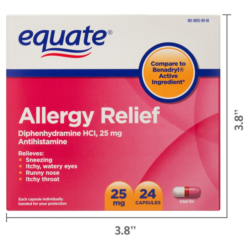 Equate Diphenhydramine Allergy Relief Capsules, 25 Mg, 24 Count