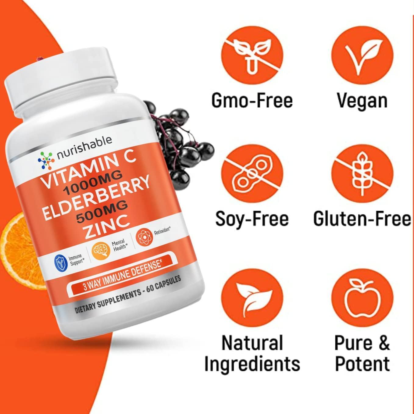 1000mg Vitamin C and Elderberry Supplement - High Potency Vitamin C with Elderberry and Zinc for Immune Support - Easy to Swallow, Non-GMO, GMP-Certified VIT C 1000mg Immune Booster Capsules - 60 Count