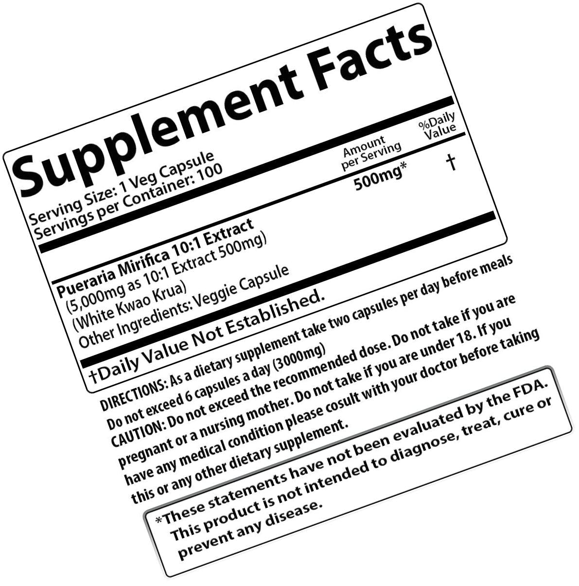 100 Caps White Pueraria Mirifica Powder Root Pure 100% Breast Enhancement Support 500mg Powder Imported from Thailand