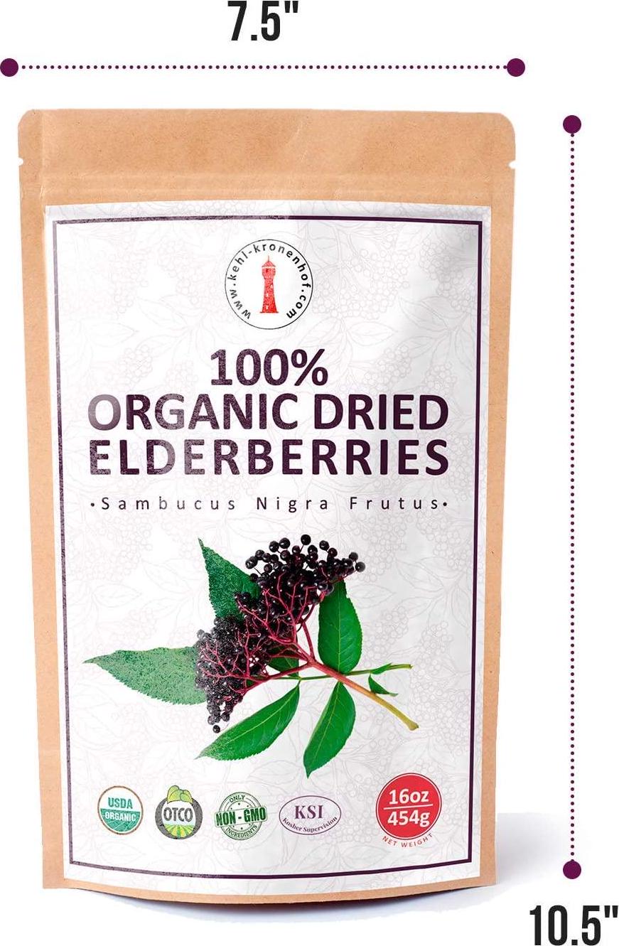 100% Certified Organic Dried Elderberries - 1 lb Bulk European Whole Dry Black Elderberry - USDA Certified Organic, Raw, Vegan, Sambucus Nigra L. - Make Natural Elderberry Syrup/Tea