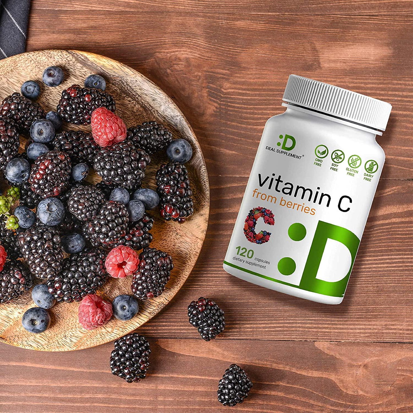 100% Natural Vitamin C Capsules from Berries and Fruits, Vitamin C 100mg (Non-Synthetic Ascorbic Acid) Per Serving, 120 Caps, Immune Support