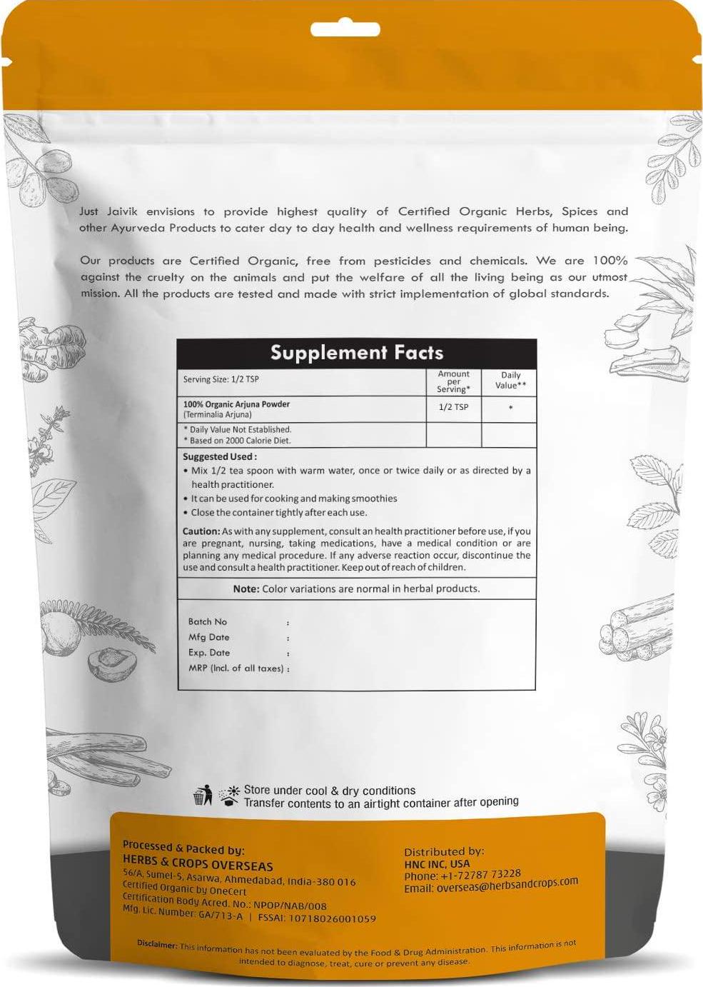 100% Organic Arjuna Bark Powder (Terminalia Arjuna) 1/2 LB, 08 oz, 227g USDA Certified Organic- Biodegradable Resealable Zip Lock Pouch Traditional rejuvenative and Tonic for The Heart*