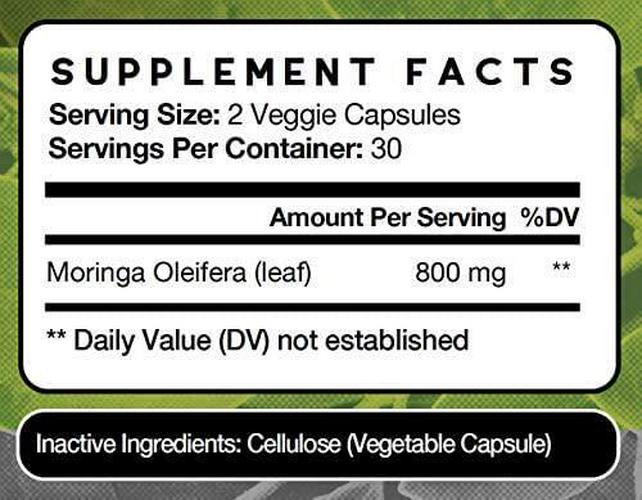 100% Pure Moringa Oleifera Leaf | 60 Vegetarian Capsules | 800mg Per Serving | Antioxidant Green Superfood | Miracle Tree | 100% Natural, Made in USA | Energy, Immunity, Detox