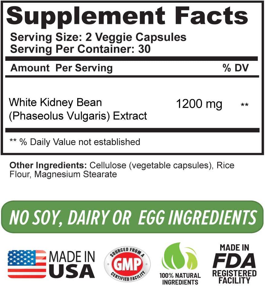 100% Pure White Kidney Bean Extract All-Natural Carb Blocker 1200mg Optimized for Weight Loss and Fat Prevention for Women and Men Made in USA