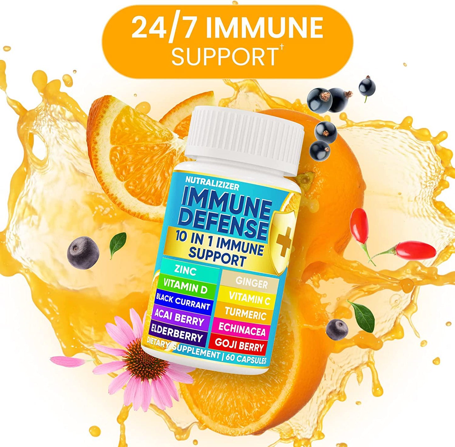 10 in 1 Immune Defense Pills - D3 Vitamin 5000 IU, 1000 mg Vitamin and Zin 50 mg - Vitamin Capsules for Overall Health - Immune Support Supplement with Elderberry, Echinacea, Ginger Root (60 Caps.)