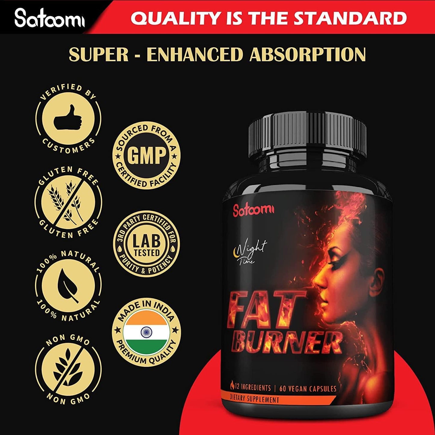 12in1 Night Time Fat Burner for Women - VitaminD.3, Garcinia Cambogia, White Kidney Bean, Ceylon Cinnamon, Gymnema Sylvestre, Lemon Balm - Metabolism and Body Support - 60 Capsules