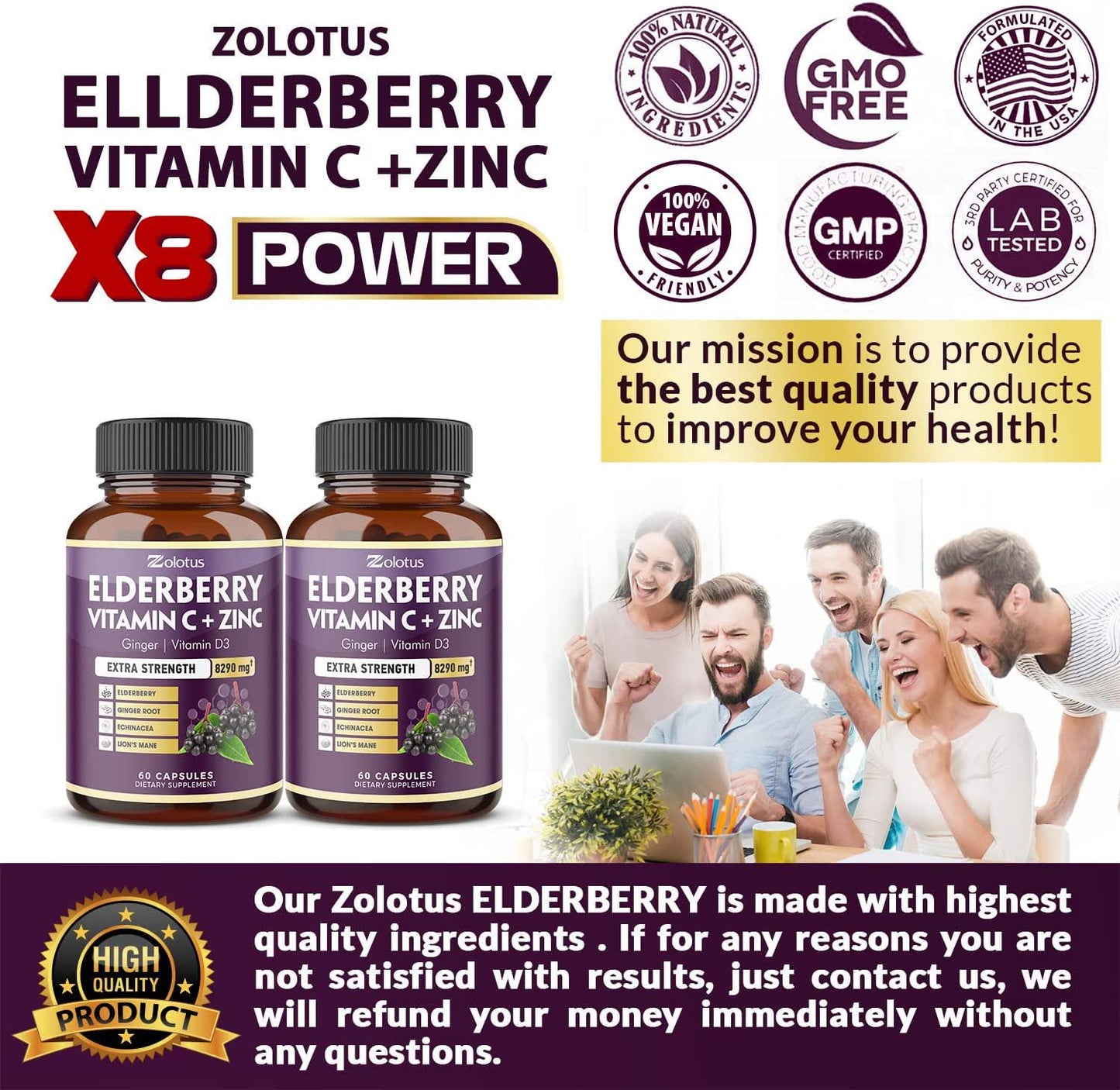 13 in 1 Elderberry Supplement, Equivalent to 12465mg, 2 Months Supply (2 Packs) with Vitamin D3, C, Elderberry, Ginger Root, Turmeric, Echinacea, Lions Mushroom, Immunity Booster, Immune Defense Pills