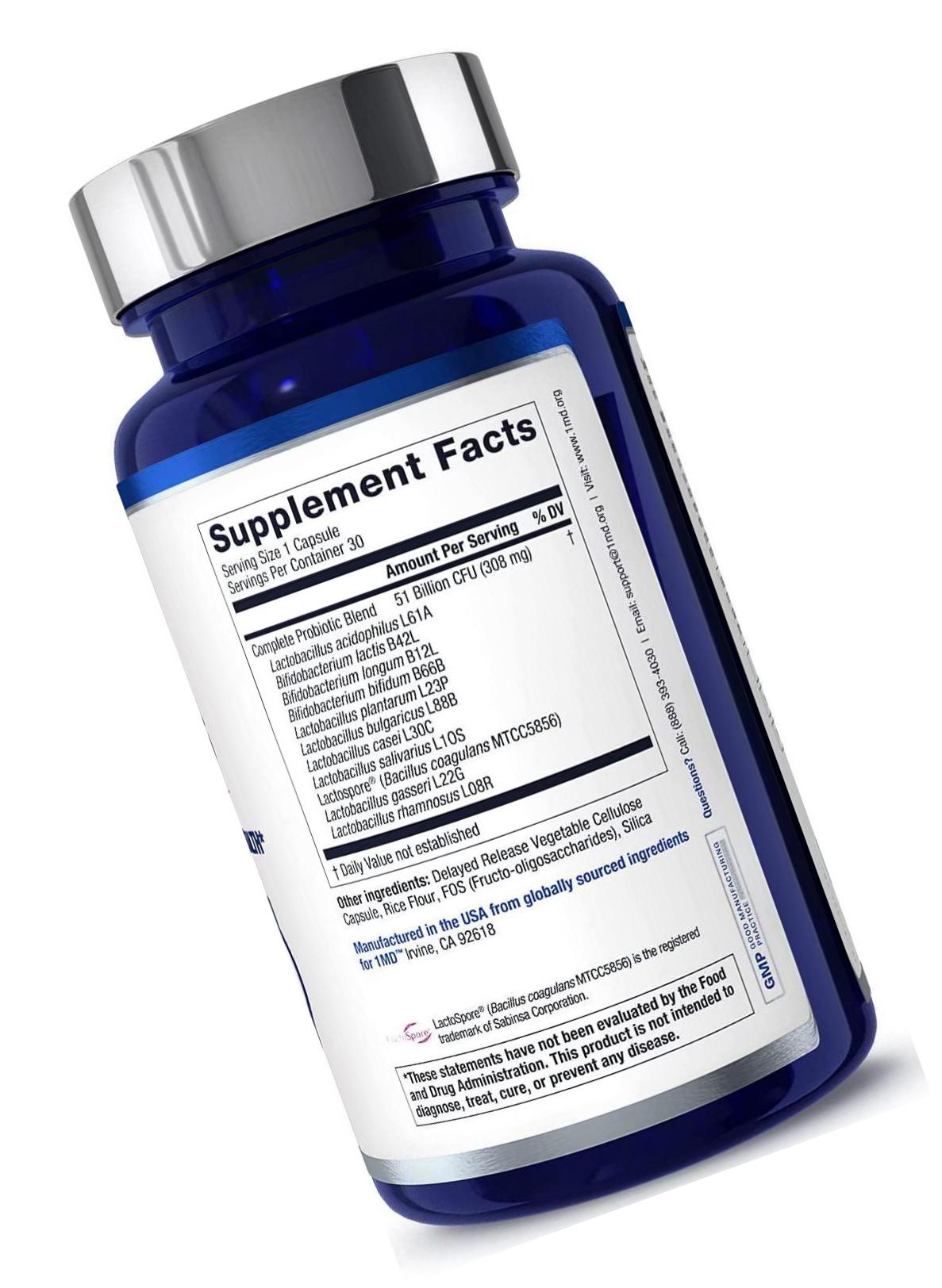 1MD Nutrition Complete Probiotics Platinum | Supports Digestive Health | with Nourishing Prebiotics, 51 Billion Live CFU, 11 Strains, Dairy-Free | 60 Vegetarian Capsules (2-Pack)