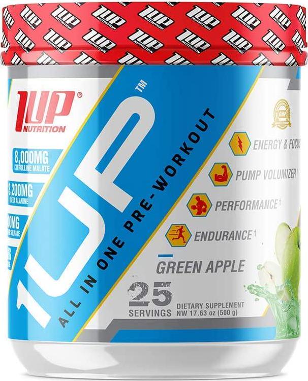 1UP Nutrition All-In-One Pre-Workout Formula for Men, Green Apple 450 g,, Green Apple 450 grams