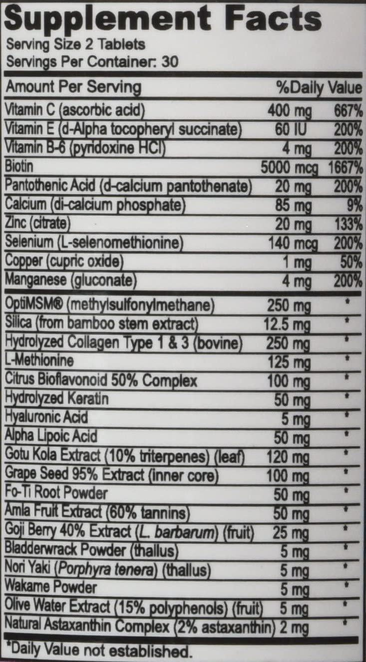 #1 Hair, Skin and Nails Supplement with 5000mcg of Biotin, Keratin, Collagen, MSM, Silica and Hyaluronic Acid to Promote Hair Growth, Stronger Nails and Glowing Skin - 60 Tablets - Nutricity.com.au