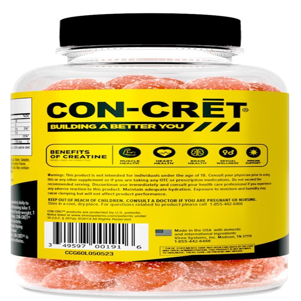 CON-CRET Concentrated Creatine Gummies, Berry Zing Flavor, Supports Muscle & Brain Health, 60 Ct