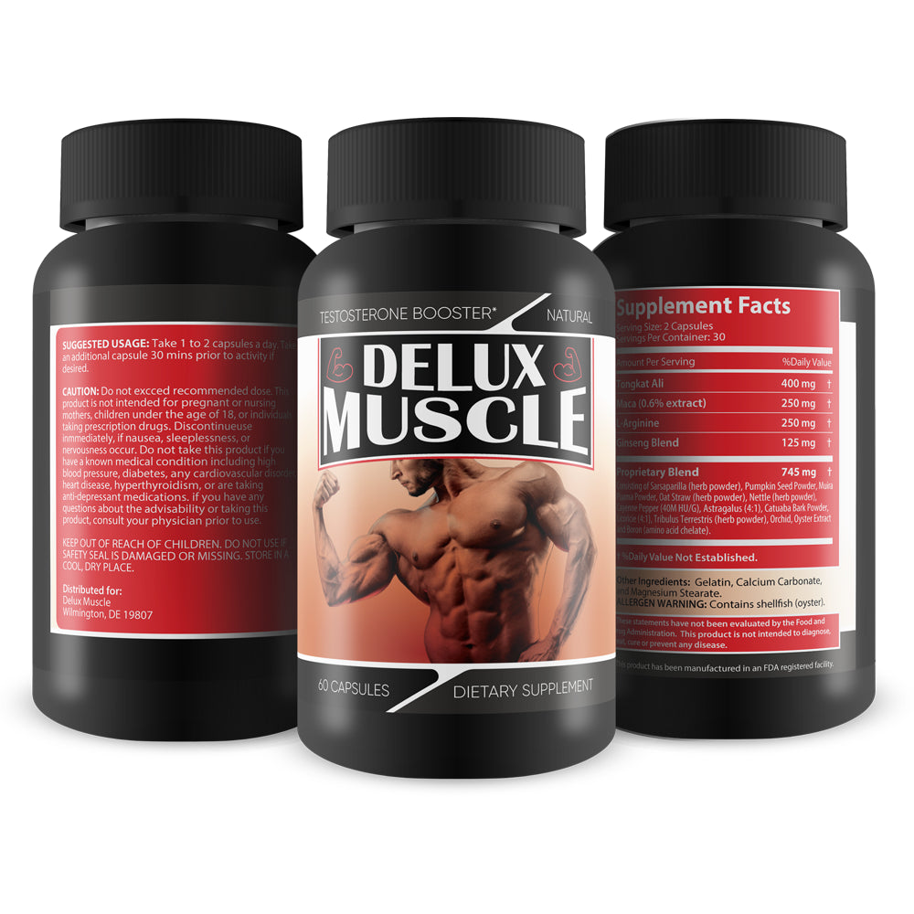 Delux Muscle - All Natural Testosterone Booster - Increase Strength and Stamina - Reduce Recovery Time - 60 Capsules