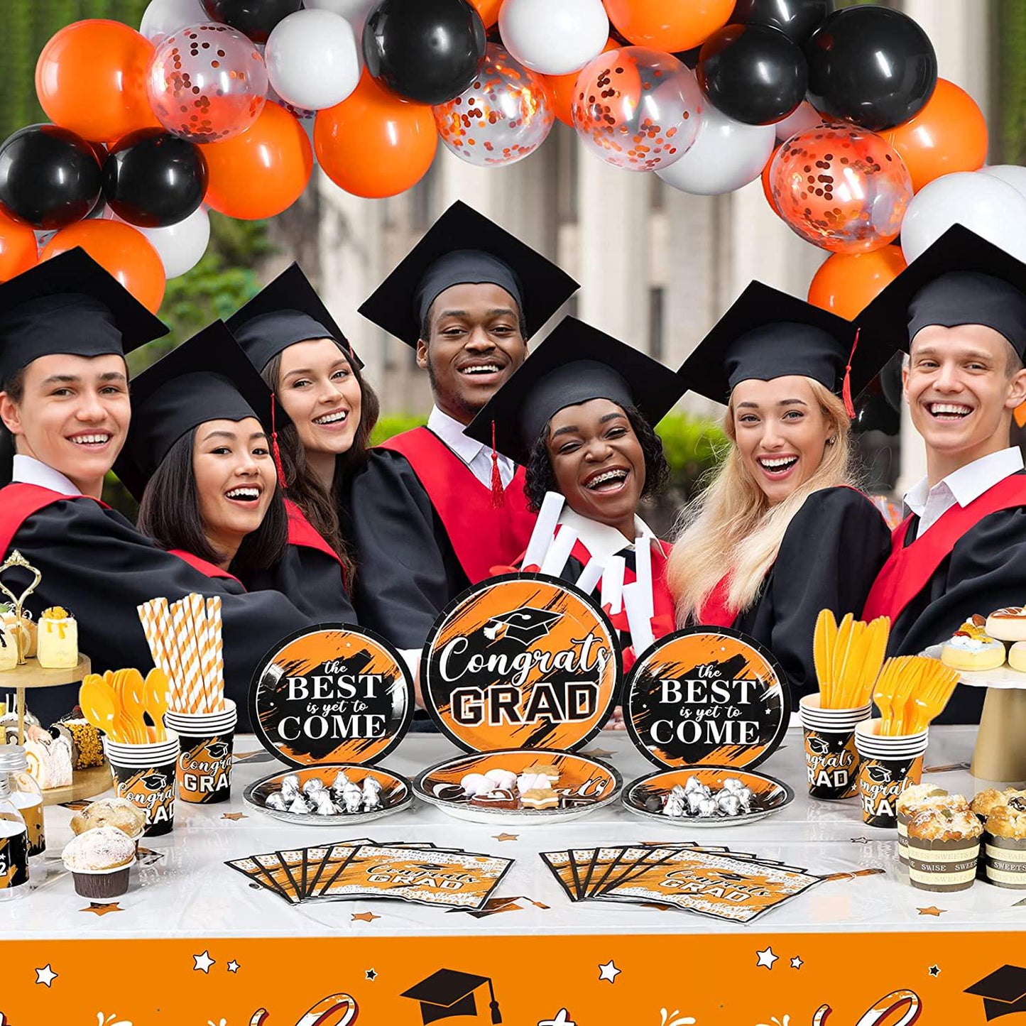 294 Pieces Graduation Party Supplies Set, Class of 2022 Graduation Decorations, Including Graduate Tableware Paper Plates Napkins Cups Plastic Tablecloth Banner Balloons Hanging Swirls (Orange)