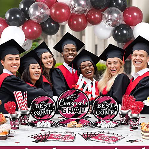 294 Pieces Graduation Party Supplies Set, Class of 2022 Graduation Decorations, Including Graduate Tableware Paper Plates Napkins Cups Plastic Tablecloth Banner Balloons Hanging Swirls (Maroon)