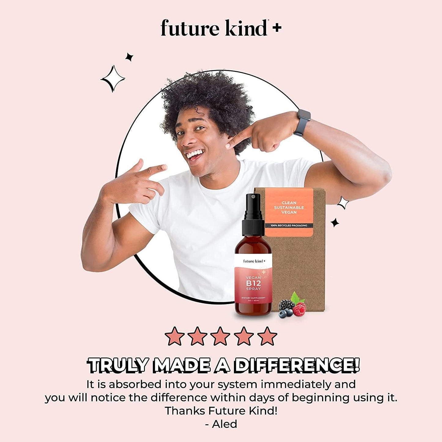 2 Month Supply: Vegan Vitamin B12 Spray Naturally Occurring Methyl Form by Future Kind. Natural Wild Berry Flavor, Glass Bottle, Sugar Free. Supports Energy and Cognition.