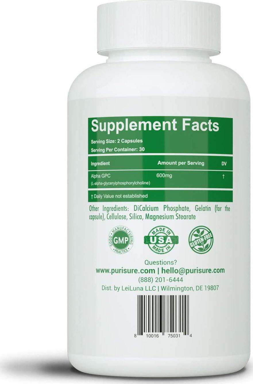 2-Pack Purisure Alpha GPC Capsules 300 mg (120 Caps) | Nootropic Brain Booster and Choline Cognitive Enhancer | Memory and Focus Dietary Supplement to Improve Mood, Mental Clarity, and Athletic Performance