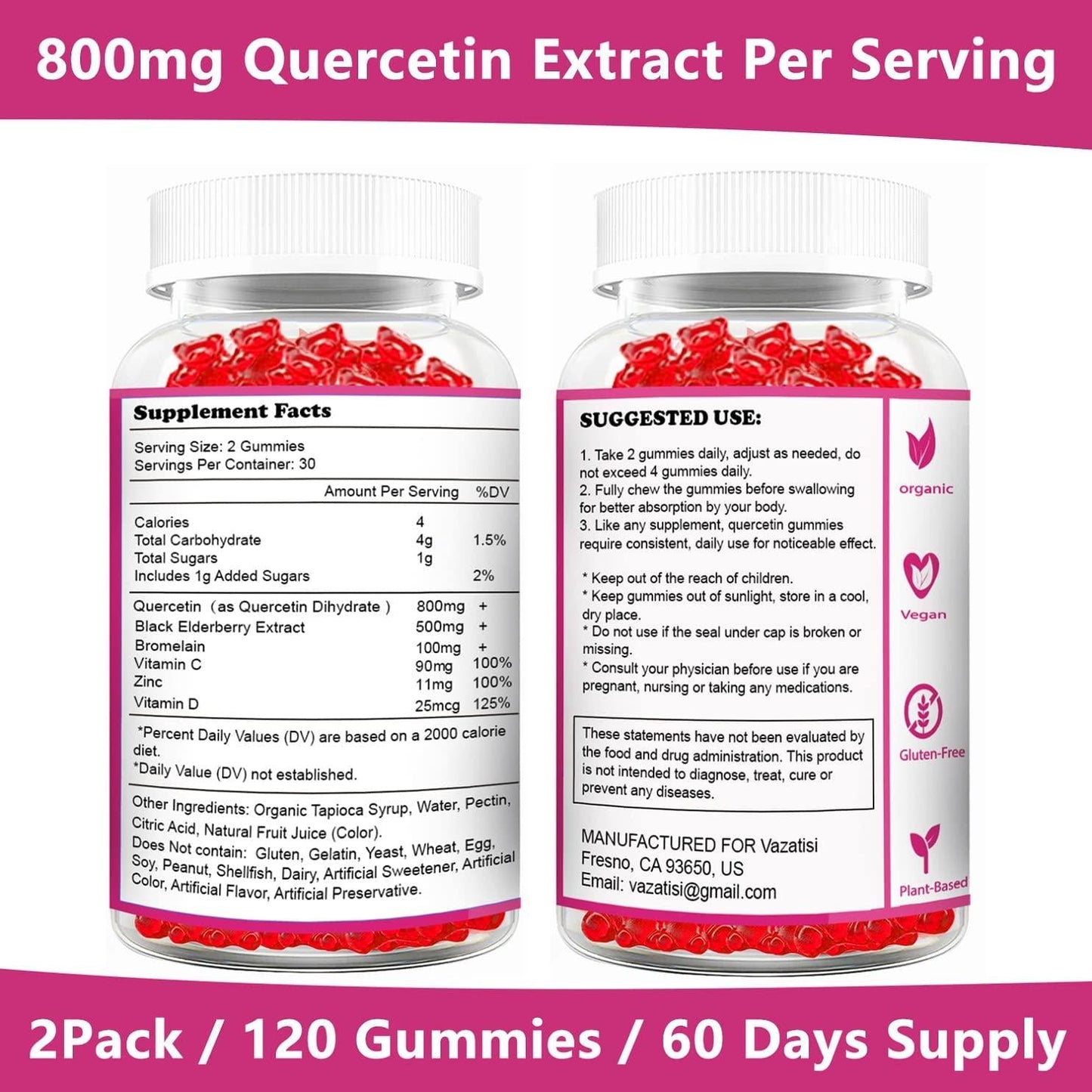 2 Pack Quercetin Gummies, Organic Quercetin with Vitamin C and Zinc, Bromelain, Elderberry and Vitamin D - Immune Support - Adults and Kids, Women and Men - 120 Vegan Gummies Chewable