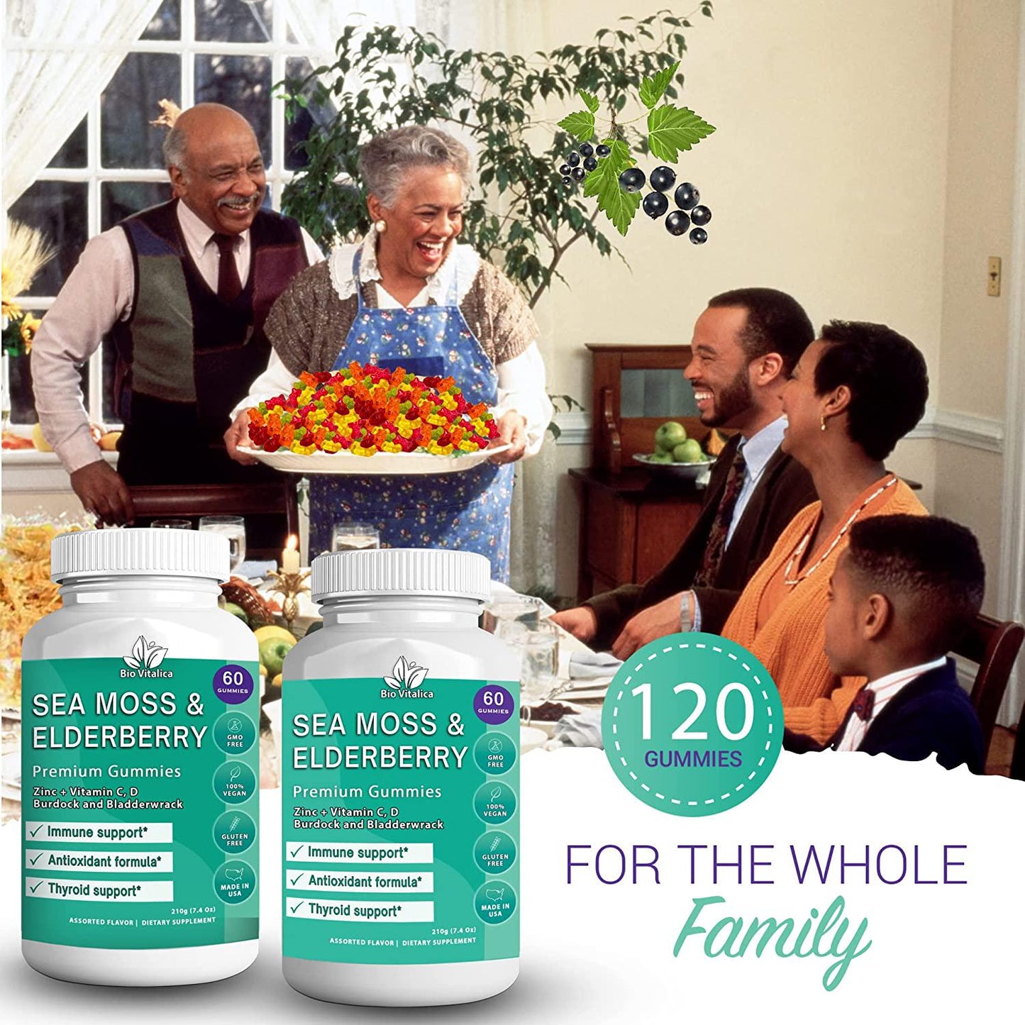 (2 Pack) Sea Moss Gummies Elderberry BioVitalica - Vitamin C D + Zinc - Irish Seamoss Vegan Gummy with Sea Moss Gel and Powder for Immunity, Detox and Energy - for Adults and Kids (2) - Nutricity.com.au