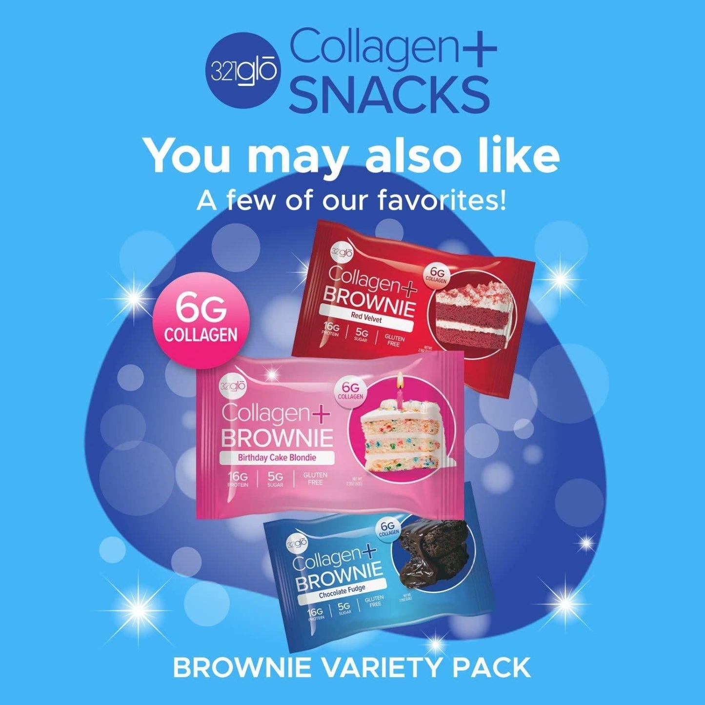 321glo Collagen Protein Brownie, Low Sugar Keto Friendly Gluten Free Treats for Women, Men, and Kids (12-Pack, Chocolate Fudge)