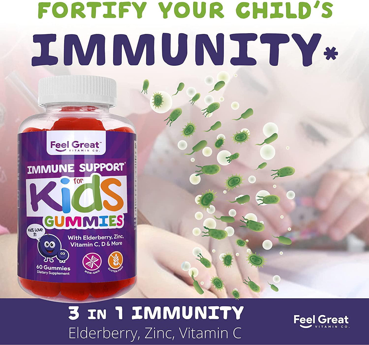 3 in 1 Immunity Support Gummies for Kids by Feel Great Vitamin Co. (60 Gummies) | with Elderberry, Zinc and Vitamin C All-in-one Pectin Based Formula | Sambucus Nigra Supplement