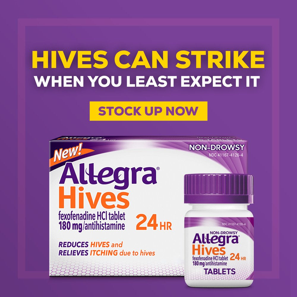 Allegra Adult Hives 24 Hour Non-Drowsy Antihistamine Allergy Relief Medicine 180Mg Tablets 30Ct