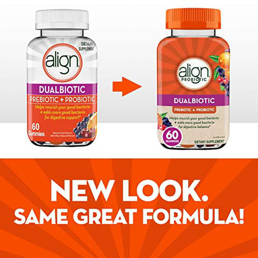 Align Dualbiotic, Prebiotic + Probiotic for Women and Men, Help Nourish and Add Good Bacteria for Digestive Support, Natural Fruit Flavors, 60 Gummies