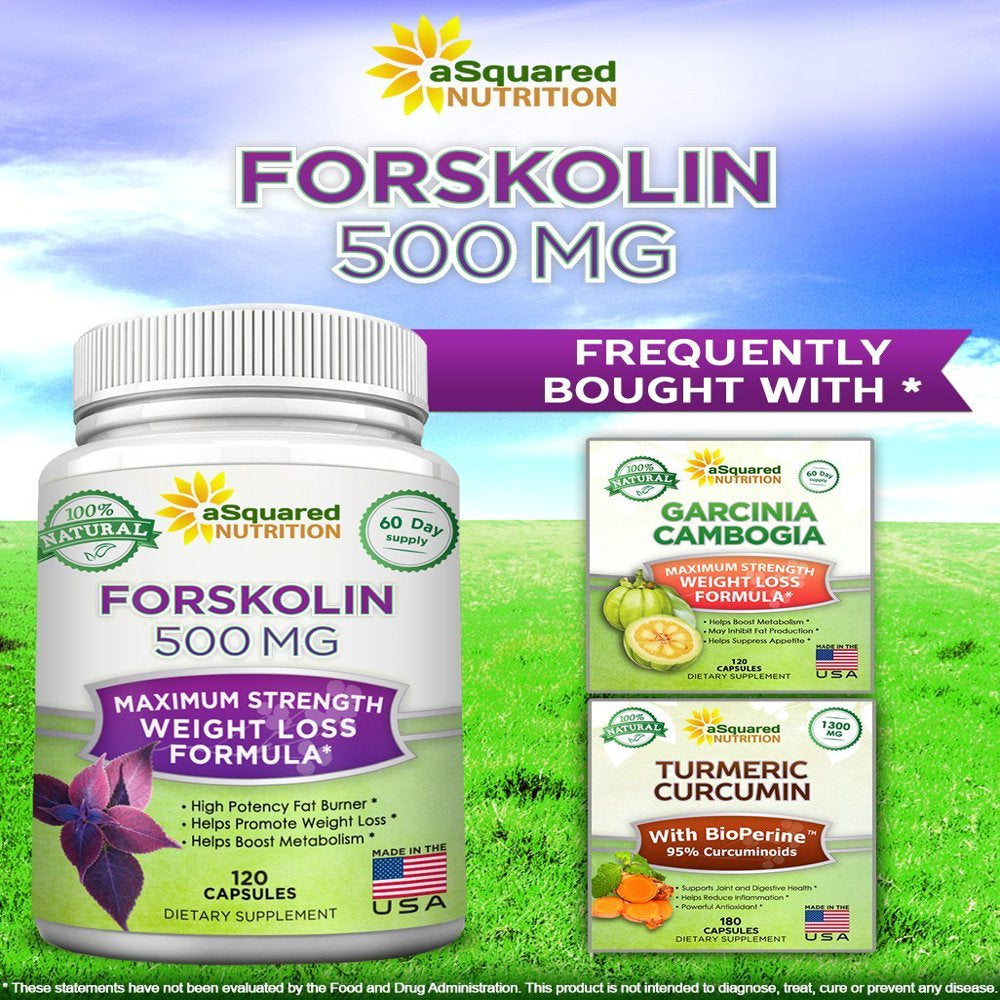 Asquared Nutrition 100% Natural Forskolin 500Mg Max Strength - 120 Capsules - Forskolin Extract Supplement for Weight Loss, Coleus Forskohlii Root 20% Forskolin Diet Pills