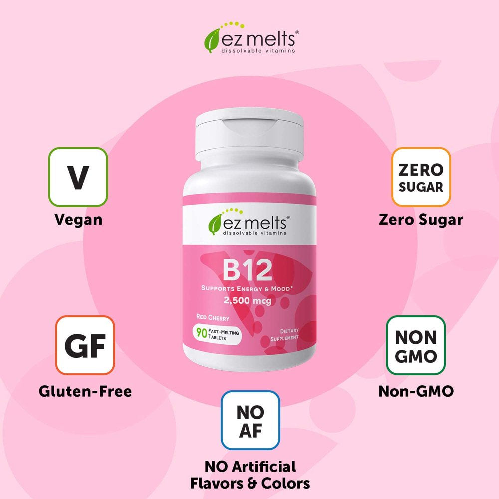EZ Melts Sublingual Vitamin B12 with Methylcobalamin for Energy and Metabolism Support, 2500 Mcg 60 Tablets, Cherry Flavored, Vegan Dietary Supplements, Dissolvable and Fast Melting