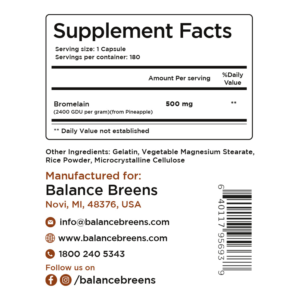 Bromelain 500Mg, 180 Capsules - Pineapple Extract Digestive Enzyme - Supports Digestion and Joint Support Supplement - by Balance Breens