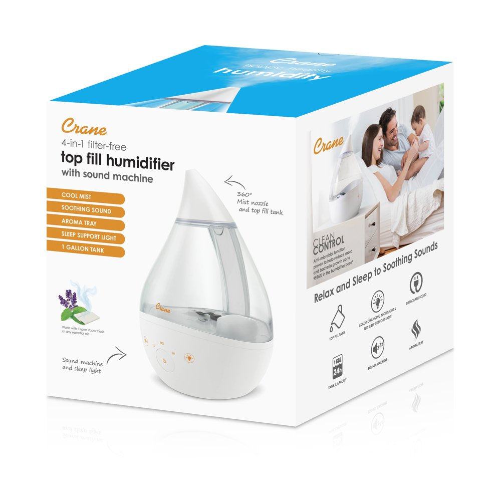 Crane USA Top Fill Drop 1 Gallon Ultrasonic Cool Mist Humidifier with Sound Machine and Optional Nightlight, White