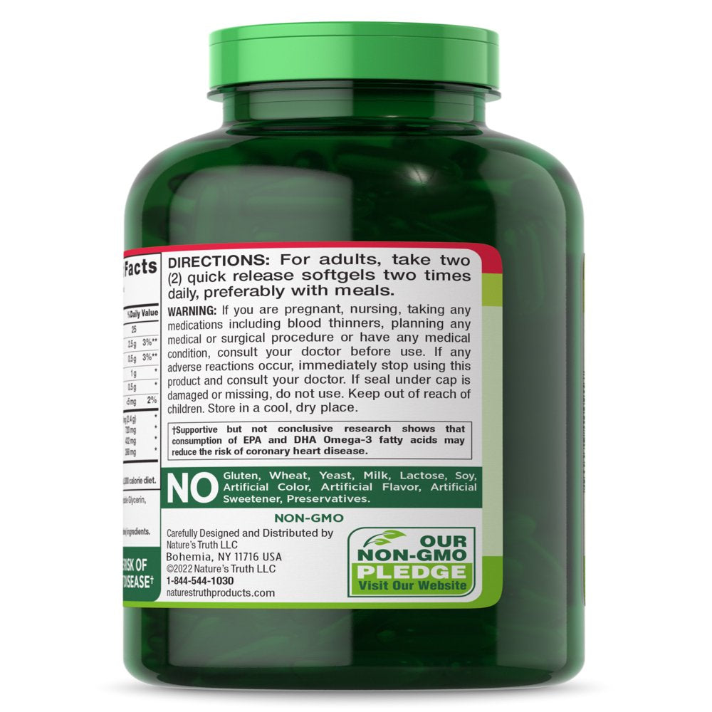 Fish Oil Omega 3 | 2400 Mg | 250 Liquid Softgels | Burpless Lemon Flavor Pills | Non-Gmo, Gluten Free Supplement | by Nature'S Truth