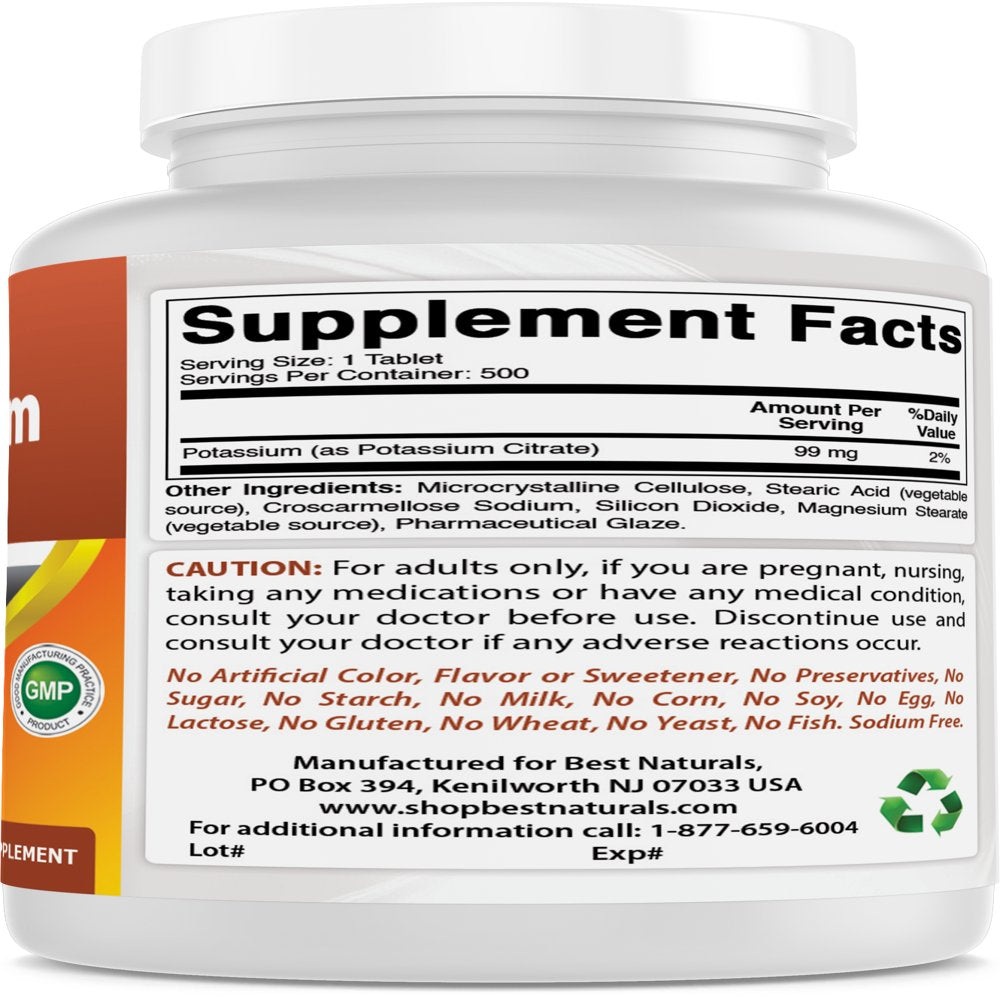 Best Naturals Potassium Citrate 99Mg 500 Tablets - 3Rd Party Lab Tested