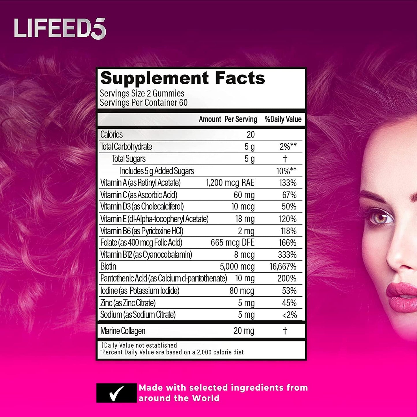 5 in 1 Hair Growth Gummies Biotin 5000mcg (60 days supply) + Collagen + Vitamin E + Folic Acid (Folate) + Pantothenic Acid (120 chewable hair vitamins) - Lifeed5