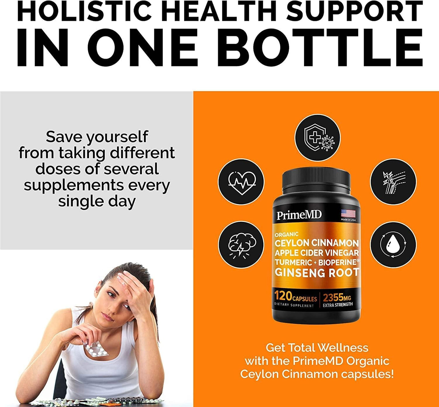 5-in-1 Organic Ceylon Cinnamon Capsules 2355mg with Apple Cider Vinegar, Turmeric, Ginseng Root Capsules, Bioperine, Glucose Metabolic Support Supplement (120 Count (Pack of 2))