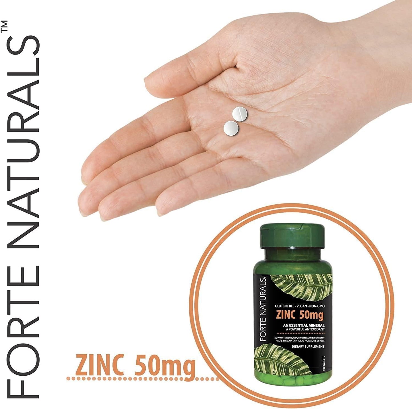 60 Zinc Supplements Specially Formulated for Sensitive Stomachs , Vitamins for Adults Daily Supplement by FORTE NATURALS Vegan 50mg, Non GMO, Easy to Swallow Zink Vitaminas