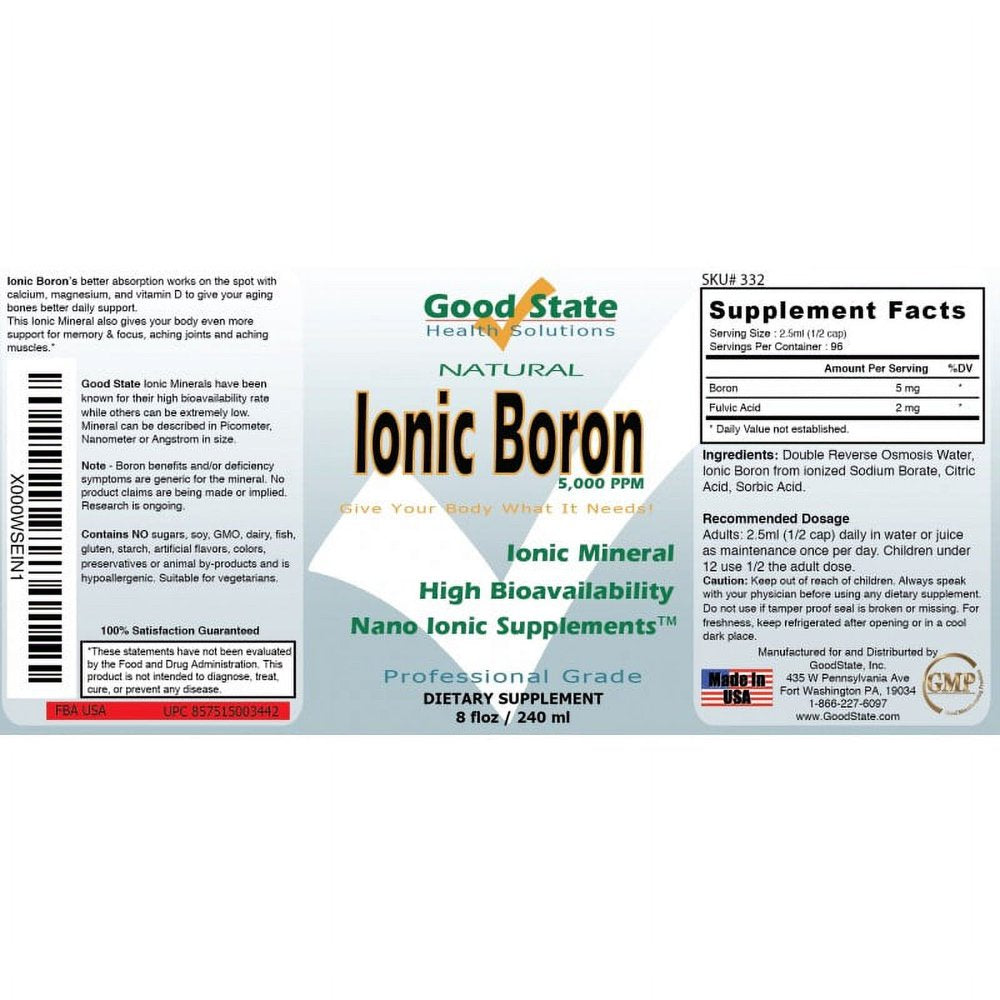 Good State Liquid Ionic Minerals - Boron - (96 Days at 5Mg, plus 2Mg Fulvic Acid) (8 Fl Oz)