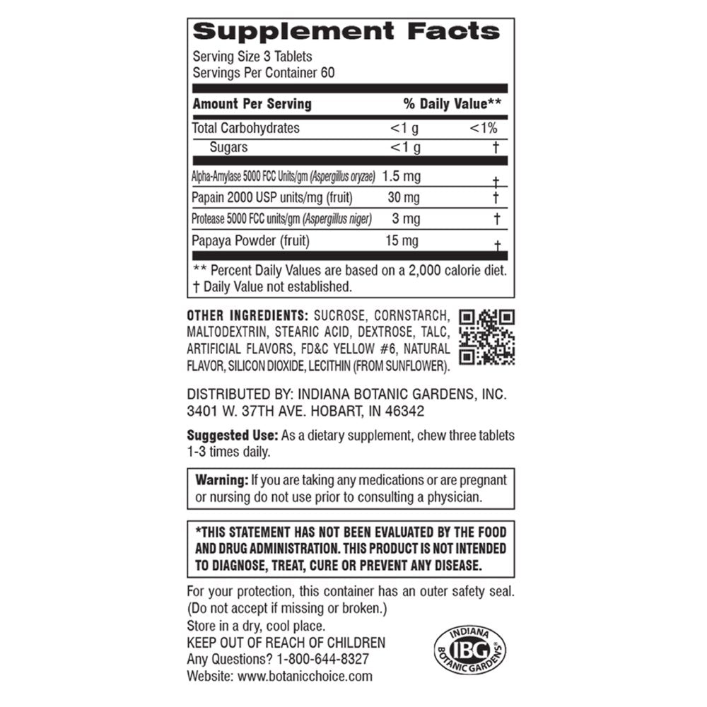 Botanic Choice Chewable Papaya Enzyme Tablets 49 Mg. Digestive Herbal Supplement, 180 Tablets