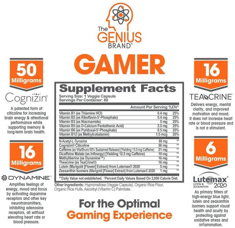 Gaming + Vision Focus Supplement Performance Booster for Brain & Mental Clarity, Reaction Time & Concentration, Genius Gamer by the Genius Brand