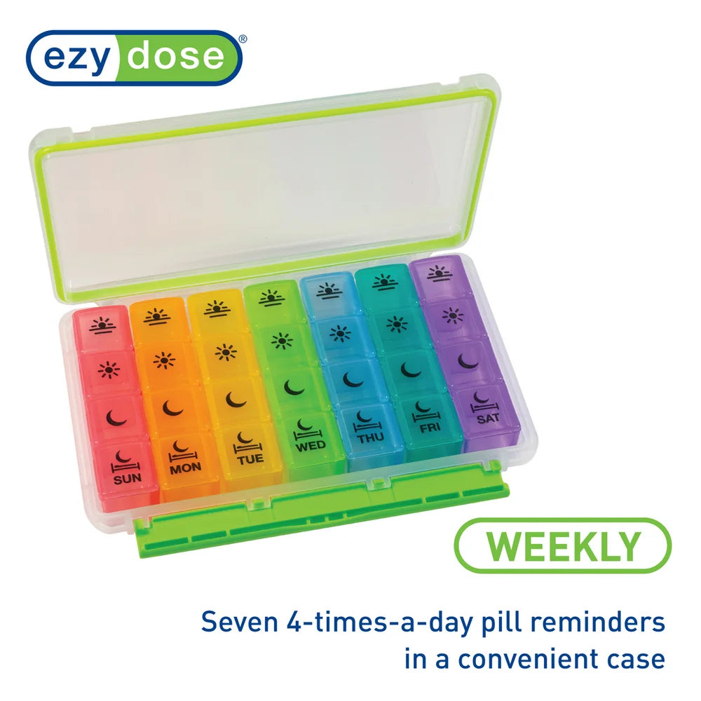 Ezy Dose Weekly (7-Day) Pill Organizer, 4 Times a Day, Travel Compartments, Rainbow