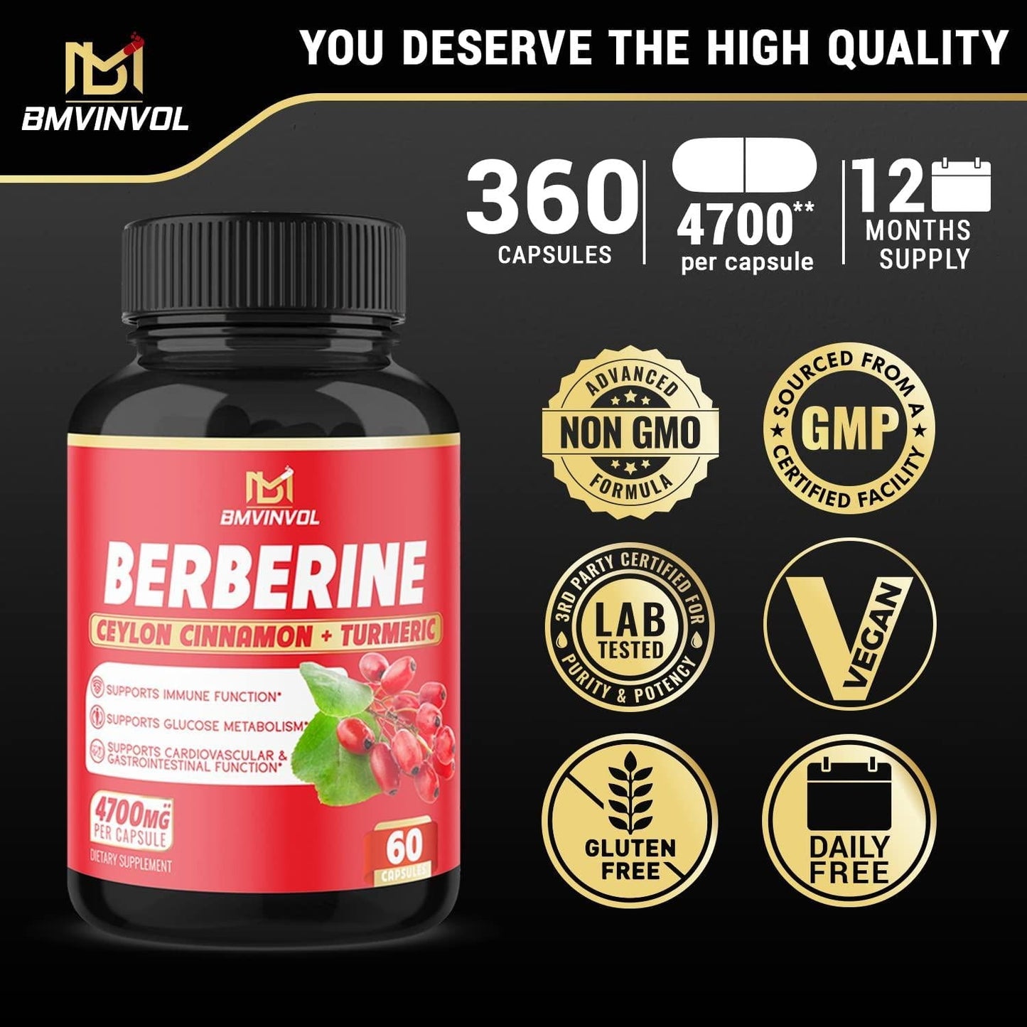 6 Pack Berberine Supplement 4700mg - High Potency with Ceylon Cinnamon, Turmeric Curcumin - Supports Glucose Metabolism, Immune Function - Berberine HCl Supplement Pills - 12 Month Supply