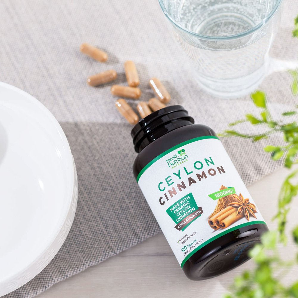 Ceylon Cinnamon Capsules, Certified Organic Ceylon Cinnamon Pills 1800 Mg per Serving, Non-Gmo, Gluten-Free Sri Lanka Pure Cinnamon Pills Supplement, Sugar Free, Vegan - 120 Count Vegetarian Capsules