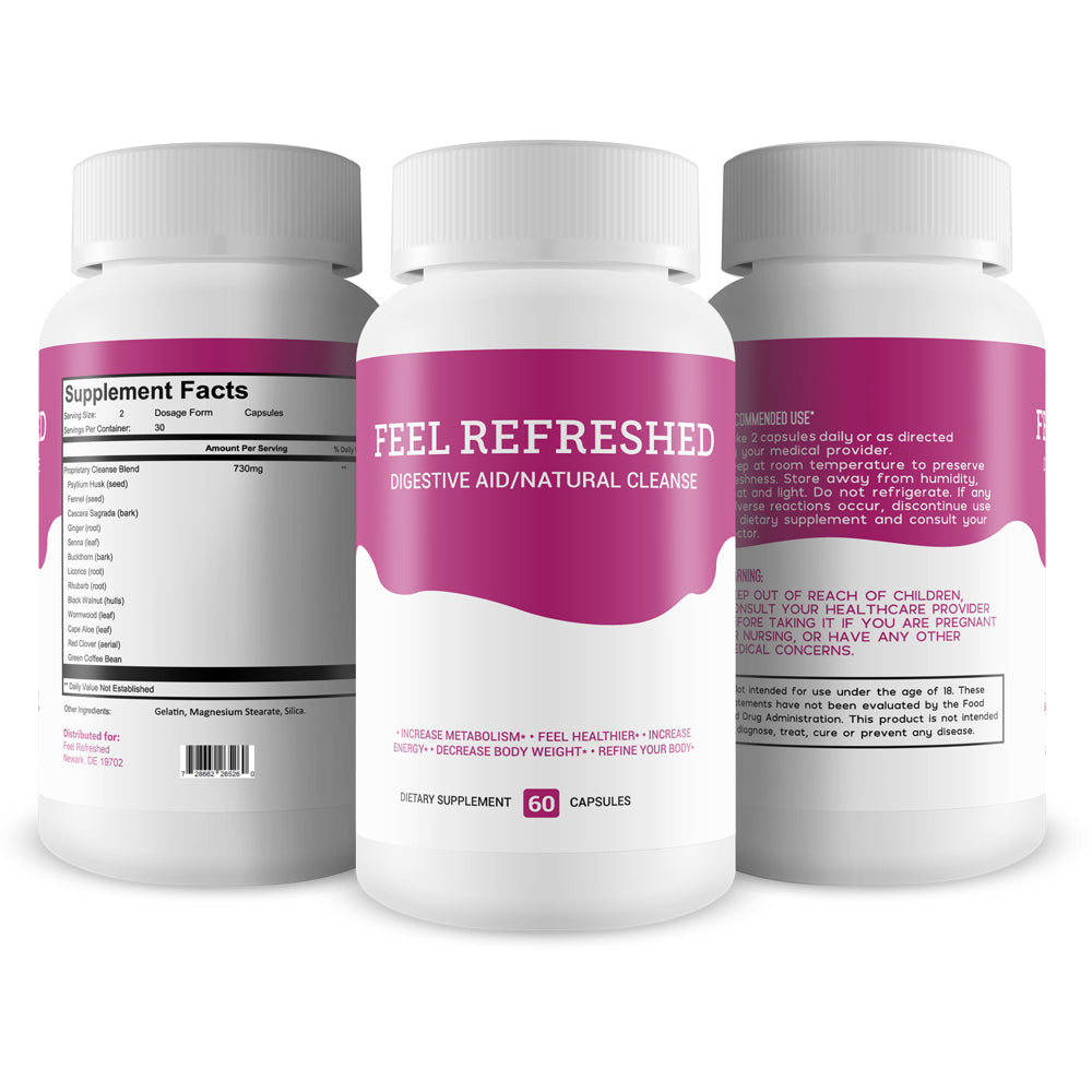 Feel Refreshed - Digestive Aid Natural Cleanse - Helps to Increase Metabolism, Energy, and Decrease Body Weight - Feel Healthier - Refine Your Body - 60 Capsules