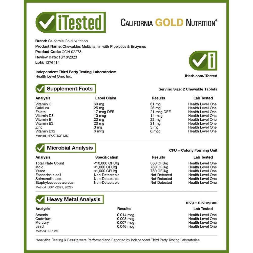 California Gold Nutrition Chewable Multivitamins with Probiotics & Enzymes for Children, Assorted Fruit Flavors, 120 Vegetarian Tablets