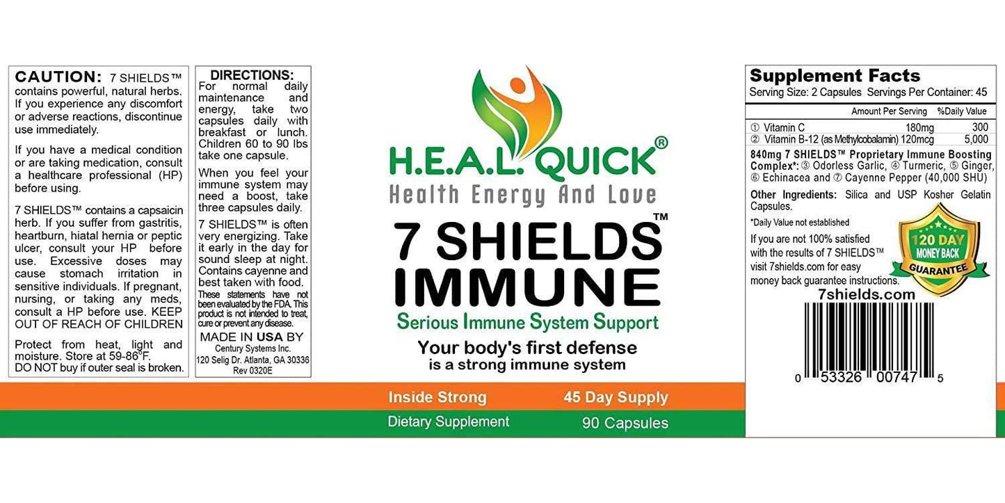 7 Shields Immune Support with Vitamin C, Ginger, Echinacea, Garlic, Turmeric, B-12 and Cayenne Pepper 90 Capsules