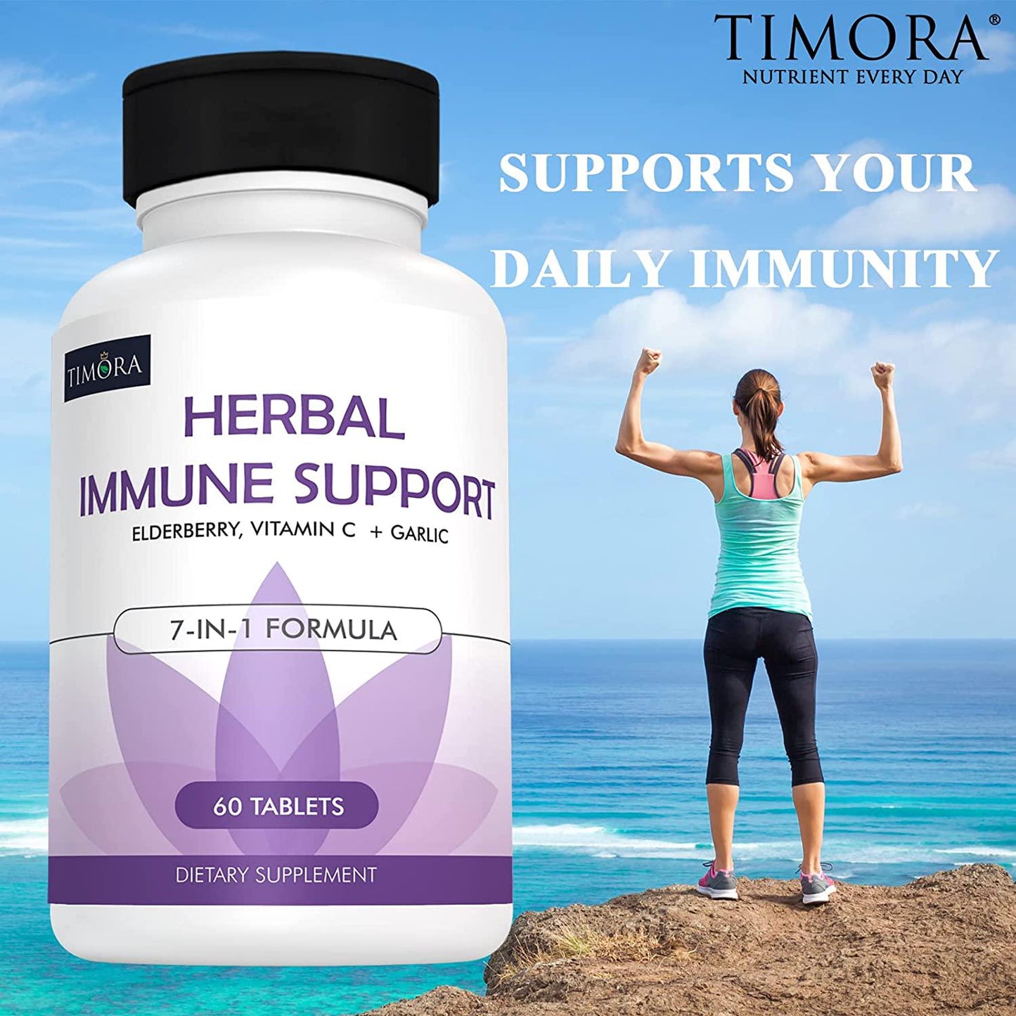 7 in 1 Immune Support Organic Elderberry Vitamin C Immunity Defense, TIMORA Garlic Ginger Support Daily Multivitamin, Zinc Magnesium for Adults Kids Stronger Immune System,Gluten-Free Vegan Friendly