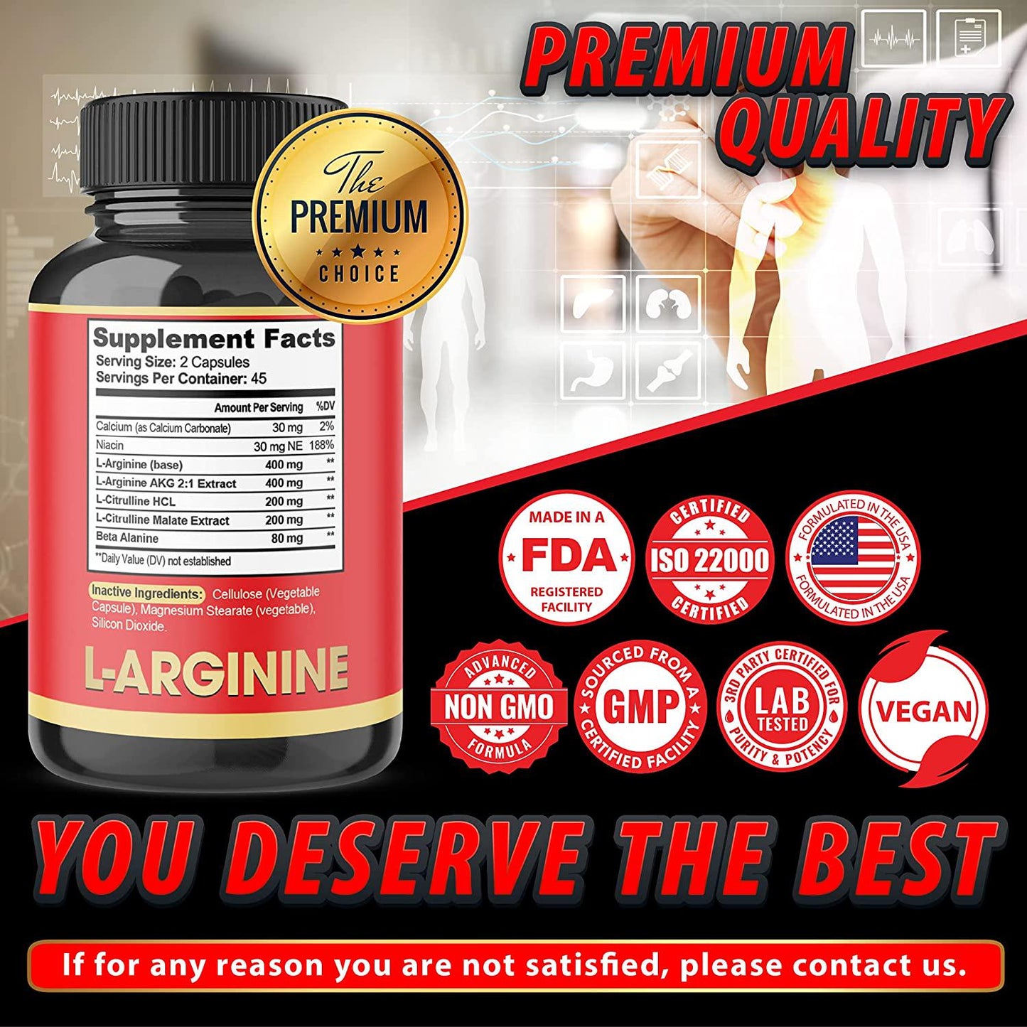 7in 1 L-arginine Capsules With Extra Ca, Vit B3 For Healthy Circulation and Workouts Daily Support For Men And Women - Usa Manufactured Supplement 90 Vegan Capsules