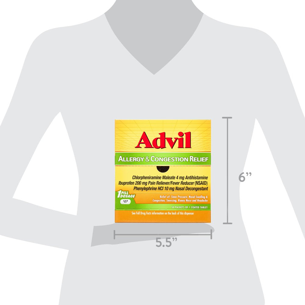 Advil Allergy and Congestion Relief Pain and Headache Reliever Ibuprofen, Coated Tablets, 50 Count